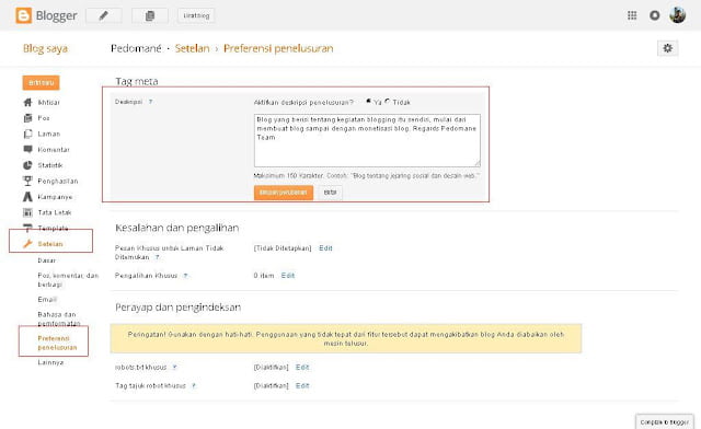 Contoh mengatur deskripsi blog yang bagus
